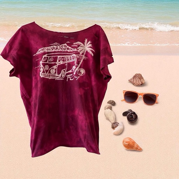 T&C Surf Shop Tee VW Van Beach Scene distressed XL Burgundy Tie-Dye Short Sleeve - Picture 2 of 7